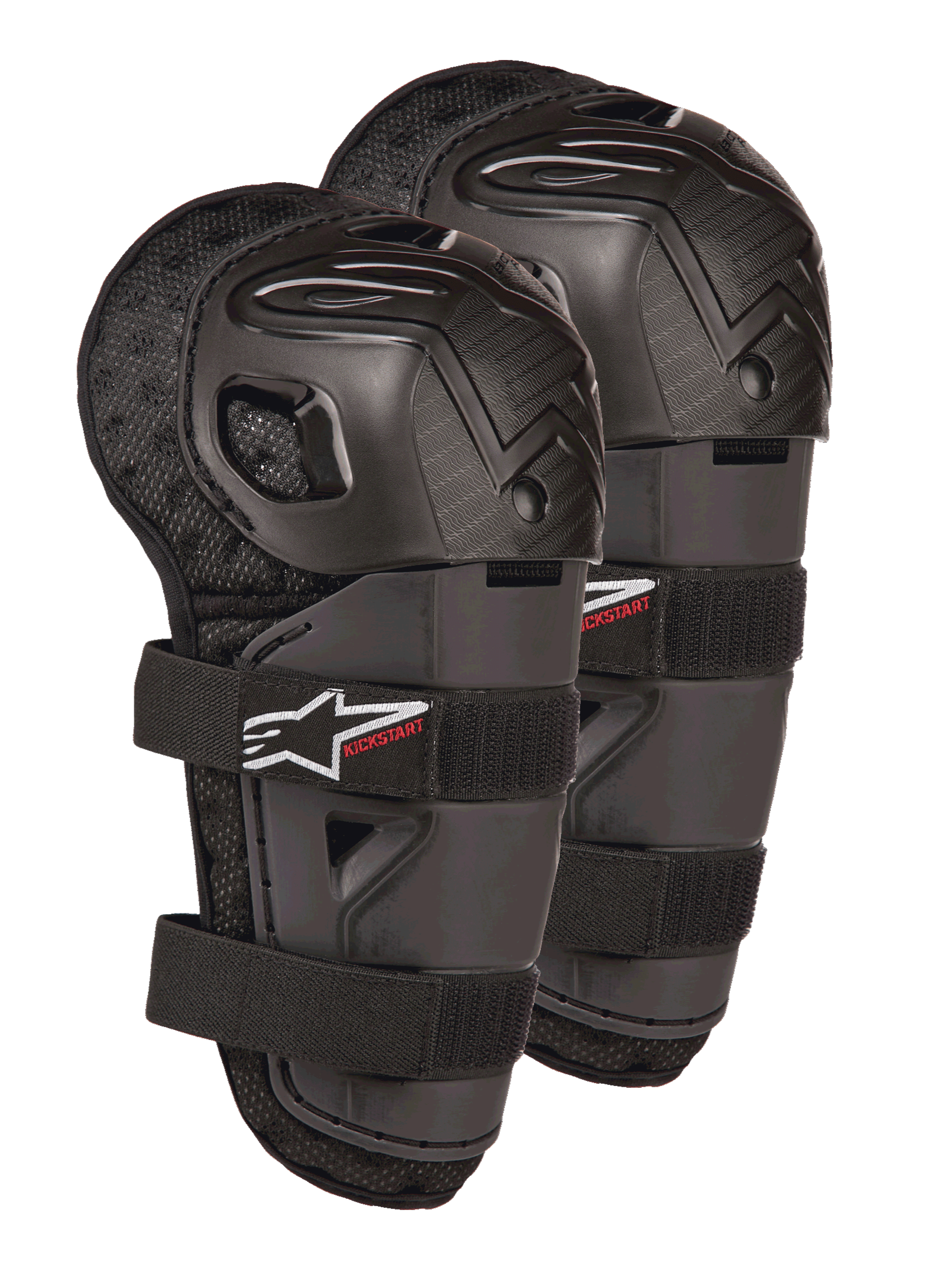 Alpinestars Bionic Action Kickstart knæbeskyttere, motocross knæ- og skinnebensbeskyttere til unge, sort med rødt KICKSTART-logo, artikuleret plastikskal og dobbelte elastiske stropper, beskyttelsesudstyr til unge off-road-kørere