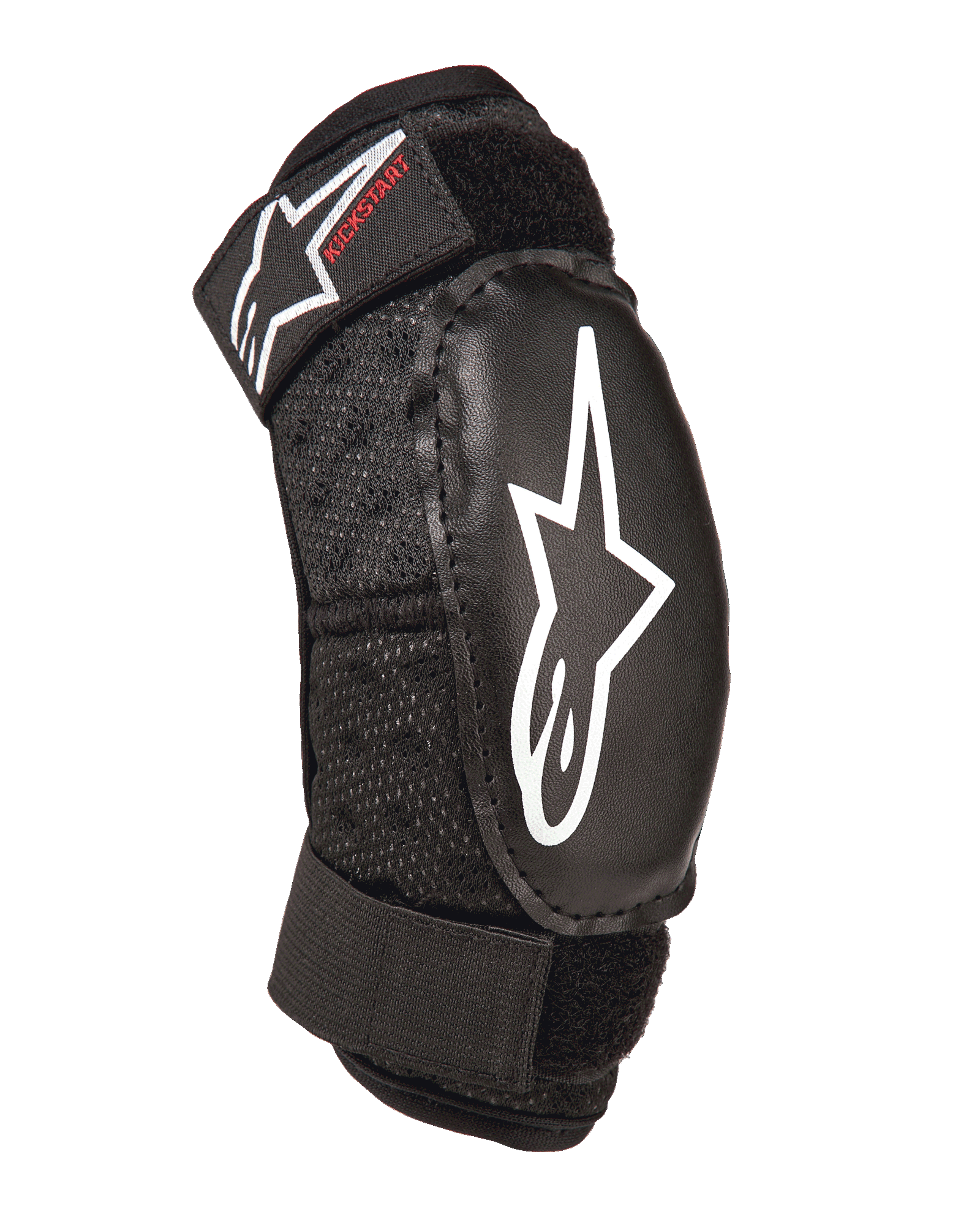 Alpinestars Youth Bionic Action Kickstart albuebeskytter, sort, beskyttende albuebeskytter til unge med hvidt stjerne-logo og rød Kickstart-branding, dobbelte justerbare stropper med velcro, åndbart mesh-stof, ergonomisk design til motocross og actionsport