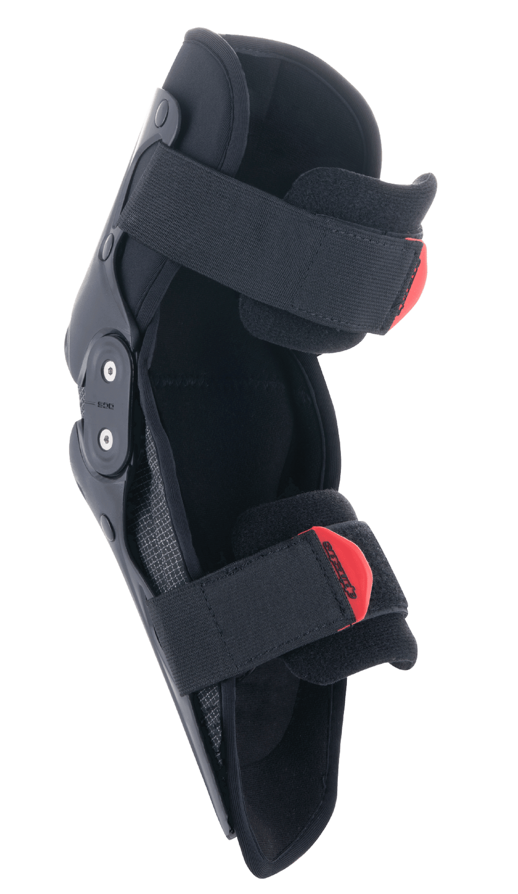 Alpinestars SX-1 Youth knæbeskytter, motocross knæbeskyttelse til unge, sort og rød, med dobbelt pivot hængsel system og justerbart dobbelt remsystem med røde pull-tabs, let og holdbar beskyttelse til unge off-road kørere
