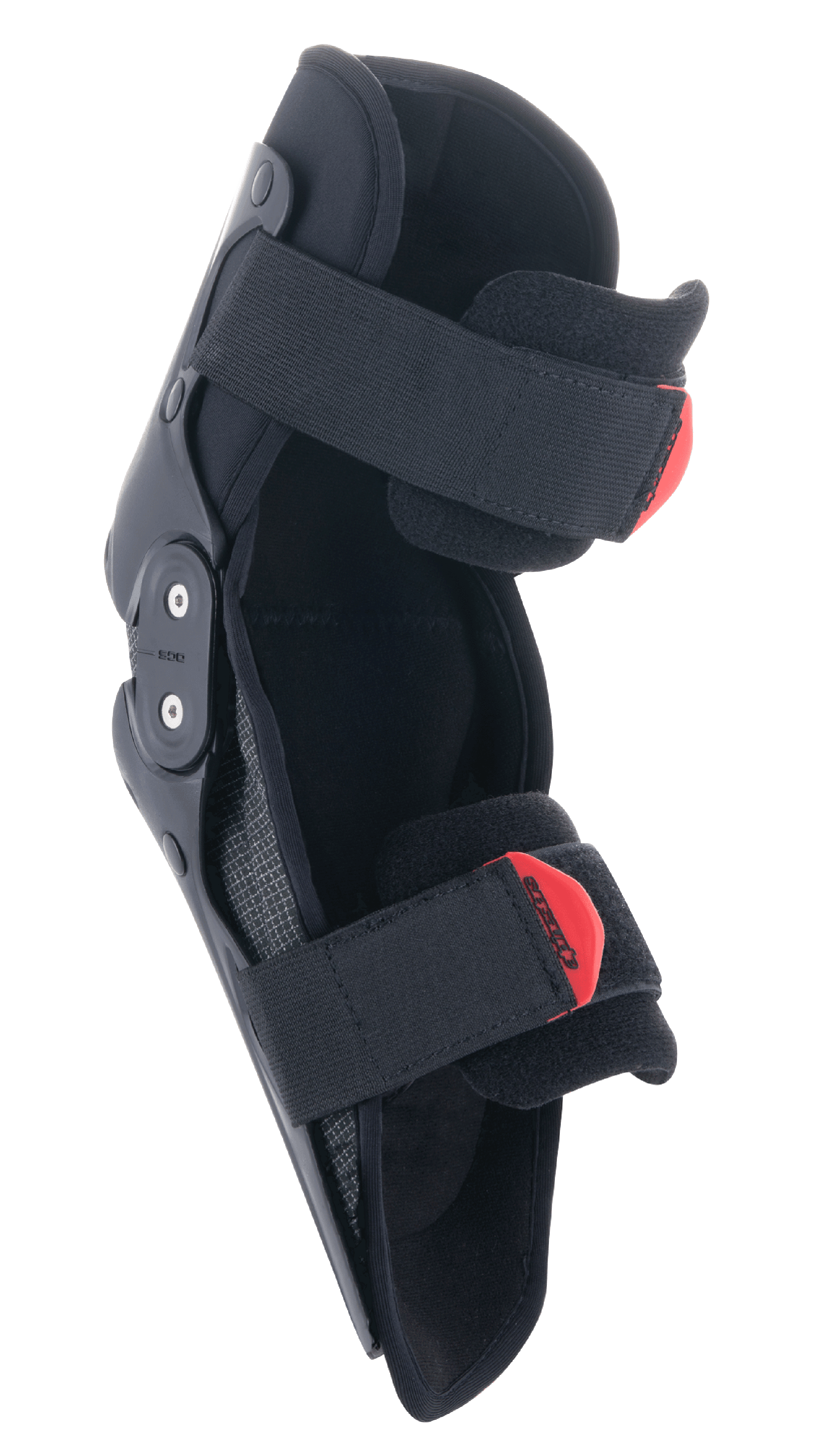 Alpinestars SX-1 Youth knæbeskytter, motocross knæbeskyttelse til unge, sort og rød, med dobbelt pivot hængsel system og justerbart dobbelt remsystem med røde pull-tabs, let og holdbar beskyttelse til unge off-road kørere