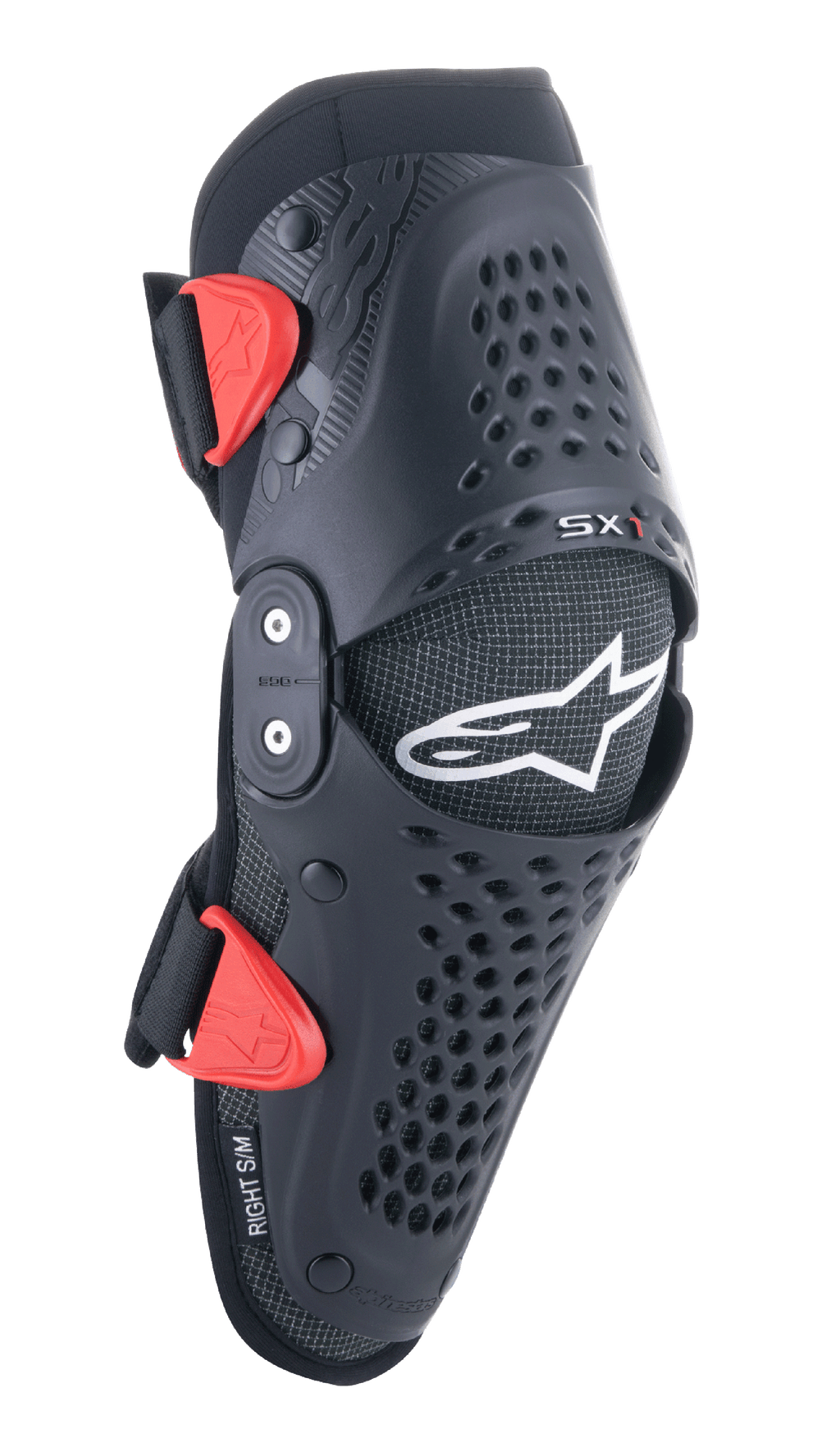 Alpinestars Youth SX-1 knæbeskyttere, motocross-knæbeskyttere, sort og rød, med perforerede ventilationshuller, dobbeltleddet hængselsystem, justerbare stropper med røde spænder, hvidt stjernelogo, off-road motorcykelbeskyttelse til unge