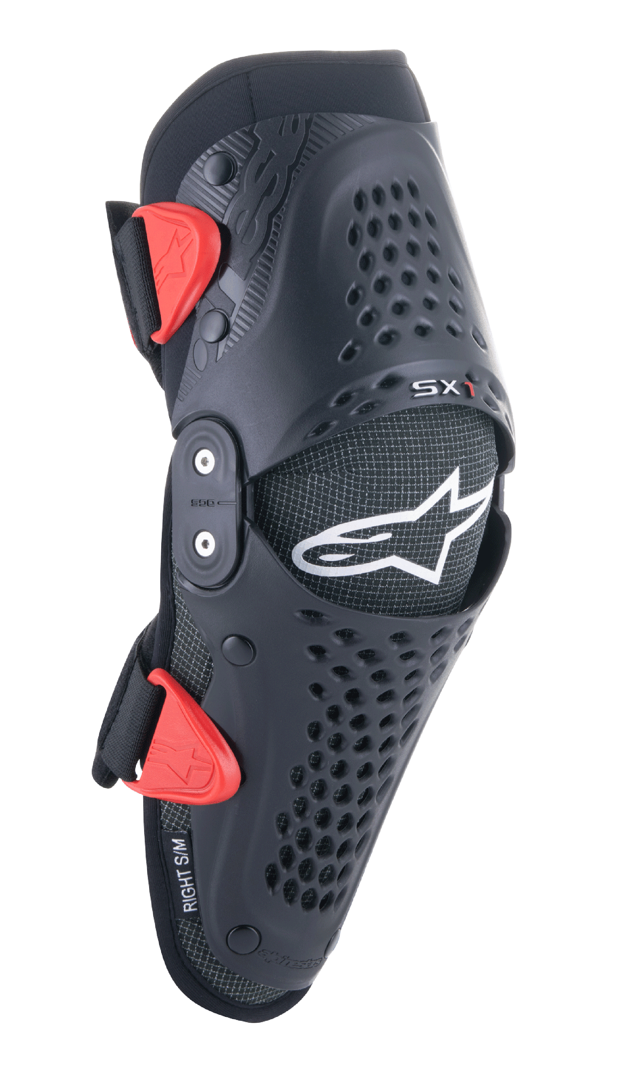 Alpinestars Youth SX-1 knæbeskyttere, motocross-knæbeskyttere, sort og rød, med perforerede ventilationshuller, dobbeltleddet hængselsystem, justerbare stropper med røde spænder, hvidt stjernelogo, off-road motorcykelbeskyttelse til unge