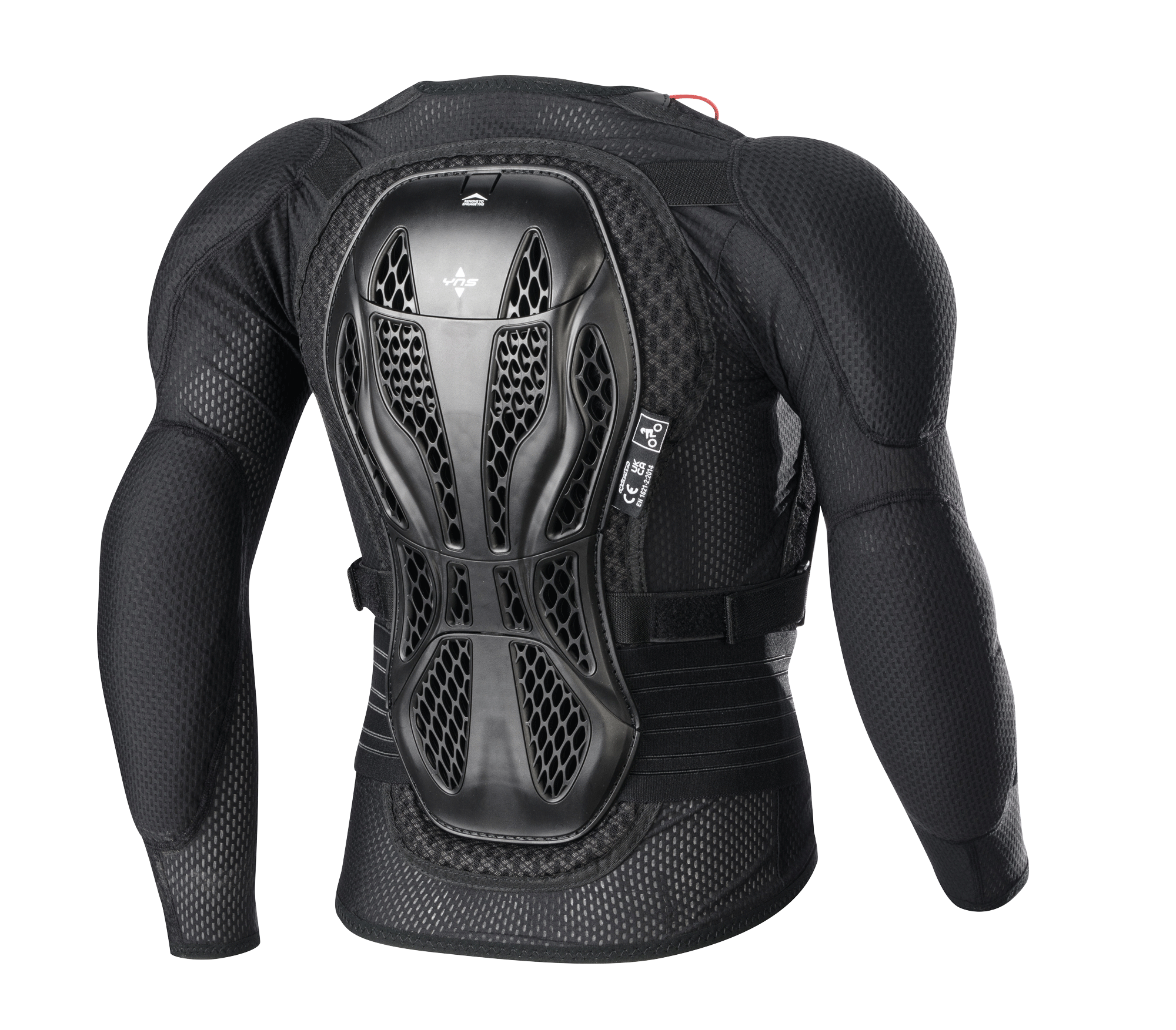Alpinestars Youth Bionic Action V2 beskyttelsesjakke, sort, set bagfra, med tredelt Cell Technology rygbeskytter, meget ventileret mesh-stof, integreret skulder- og albuebeskyttelse, beskyttelsesudstyr til terrænkørsel for unge.