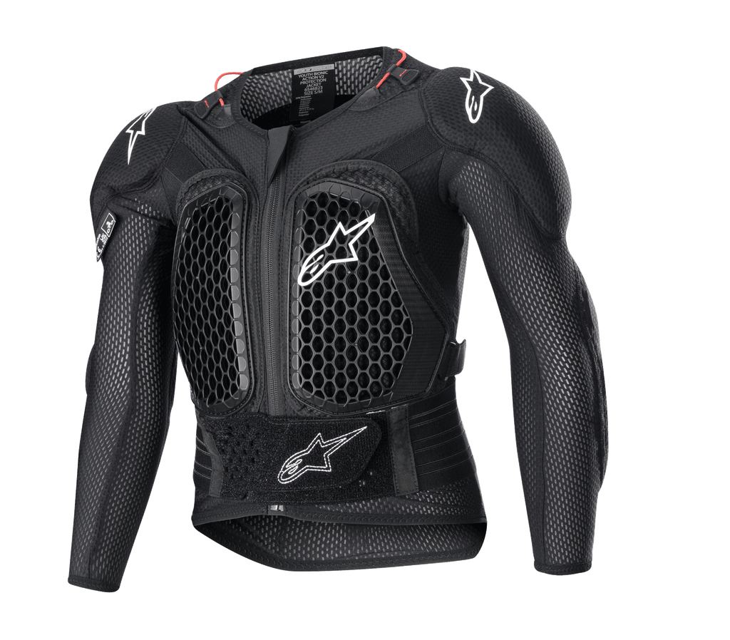 Alpinestars Youth Bionic Action V2 beskyttelsesjakke, motocross kropsbeskyttelse, sort med hvide logoer og røde accenter, bikubemønster til ventilation på bryst og skuldre, justerbar taljerem, slidstærk stødbeskyttelse til unge kørere