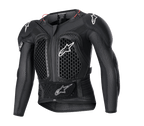 Alpinestars Youth Bionic Action V2 beskyttelsesjakke, motocross kropsbeskyttelse, sort med hvide logoer og røde accenter, bikubemønster til ventilation på bryst og skuldre, justerbar taljerem, slidstærk stødbeskyttelse til unge kørere