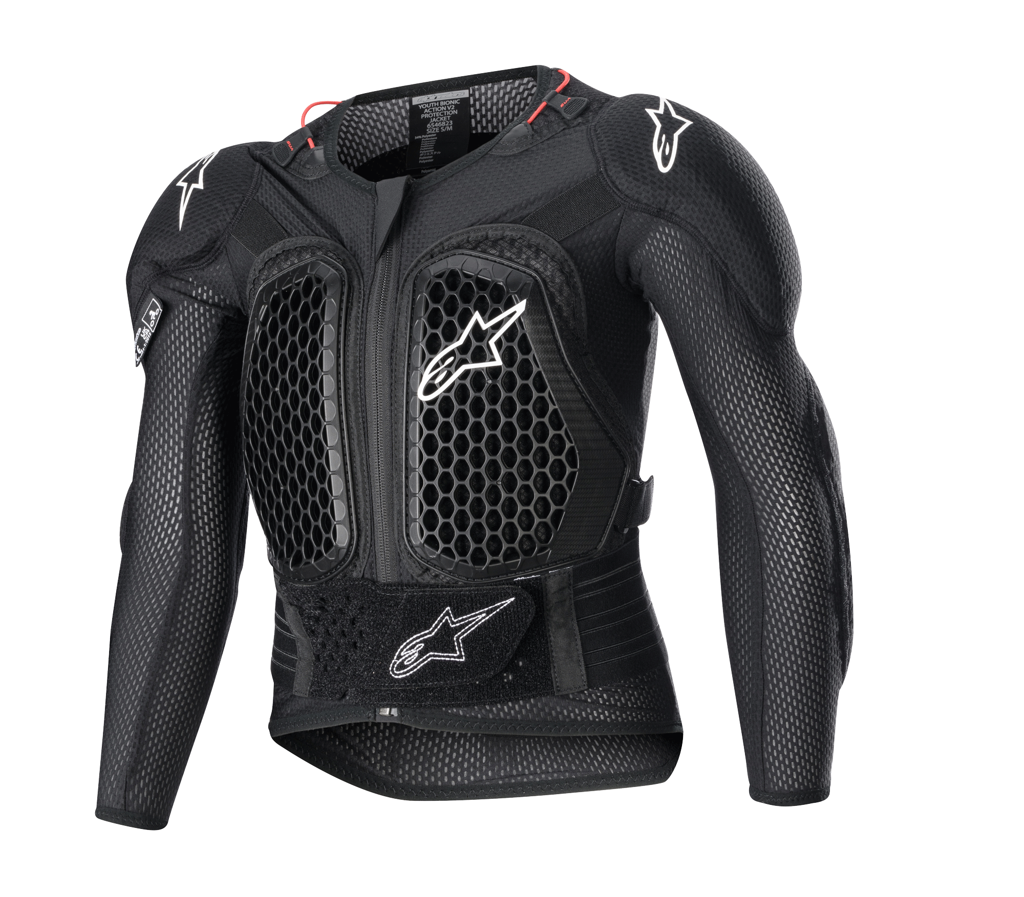 Alpinestars Youth Bionic Action V2 beskyttelsesjakke, motocross kropsbeskyttelse, sort med hvide logoer og røde accenter, bikubemønster til ventilation på bryst og skuldre, justerbar taljerem, slidstærk stødbeskyttelse til unge kørere