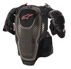 Alpinestars A-6 brystbeskytter, motocross kropsbeskyttelse, sort, antracit og rød, med perforerede cell-teknologiplader, rødt Alpinestars-logo på brystet, justerbare stropper og aftagelige skulderbeskyttere, beskyttende off-road udstyr