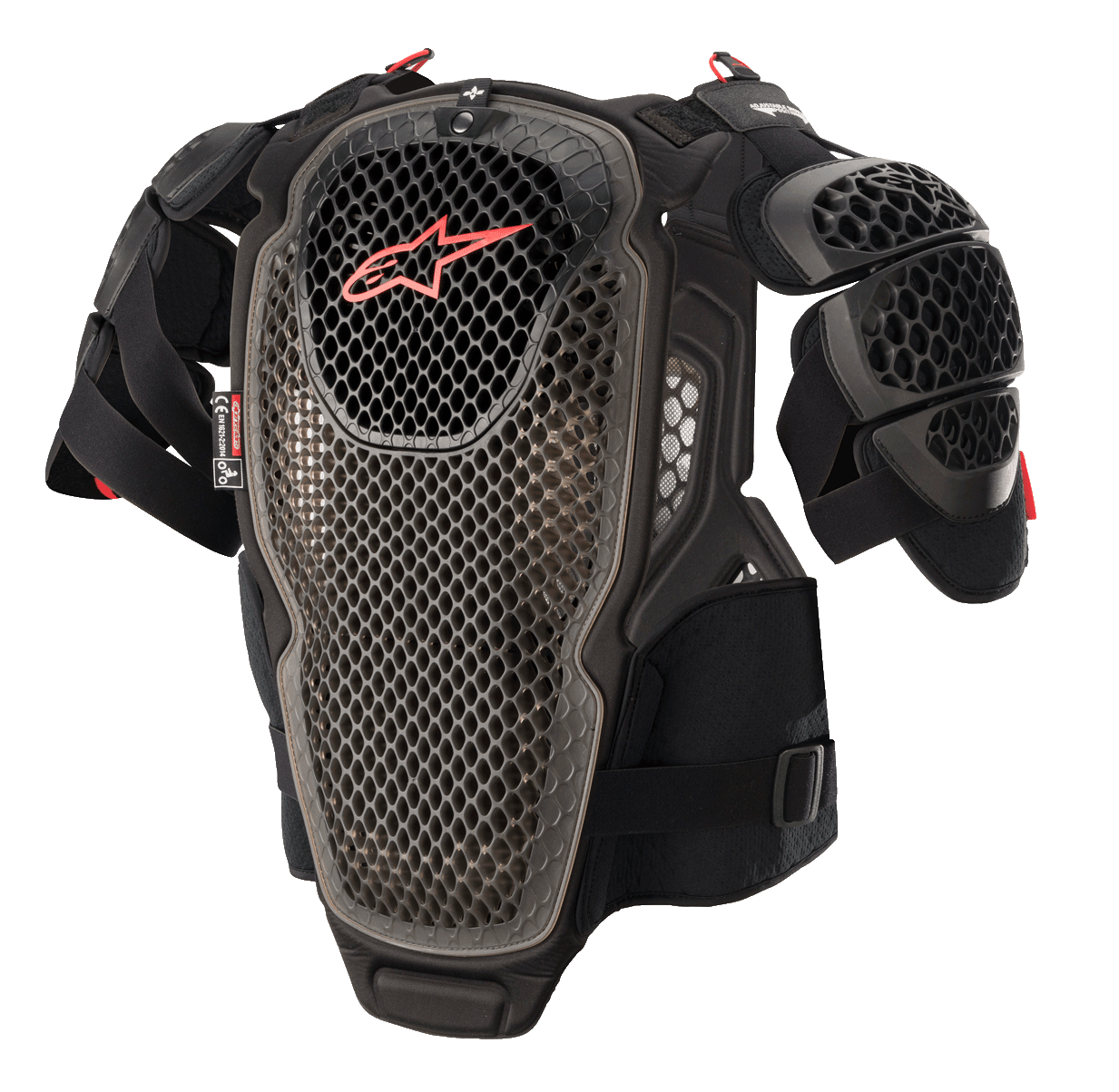Alpinestars A-6 brystbeskytter, motocross kropsbeskyttelse, sort, antracit og rød, med perforerede cell-teknologiplader, rødt Alpinestars-logo på brystet, justerbare stropper og aftagelige skulderbeskyttere, beskyttende off-road udstyr