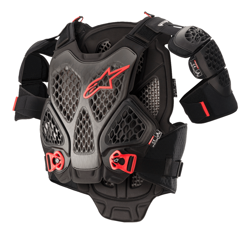 Alpinestars A-6 brystbeskytter, motocross kropsbeskyttelse, sort antracit og rød, honeycomb Cell-teknologiplader, rødt Alpinestars-logo, justerbare røde quick-release-spænder, aftagelige skulderbeskyttere