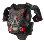 Alpinestars A-6 brystbeskytter, motocross kropsbeskyttelse, sort antracit og rød, honeycomb Cell-teknologiplader, rødt Alpinestars-logo, justerbare røde quick-release-spænder, aftagelige skulderbeskyttere