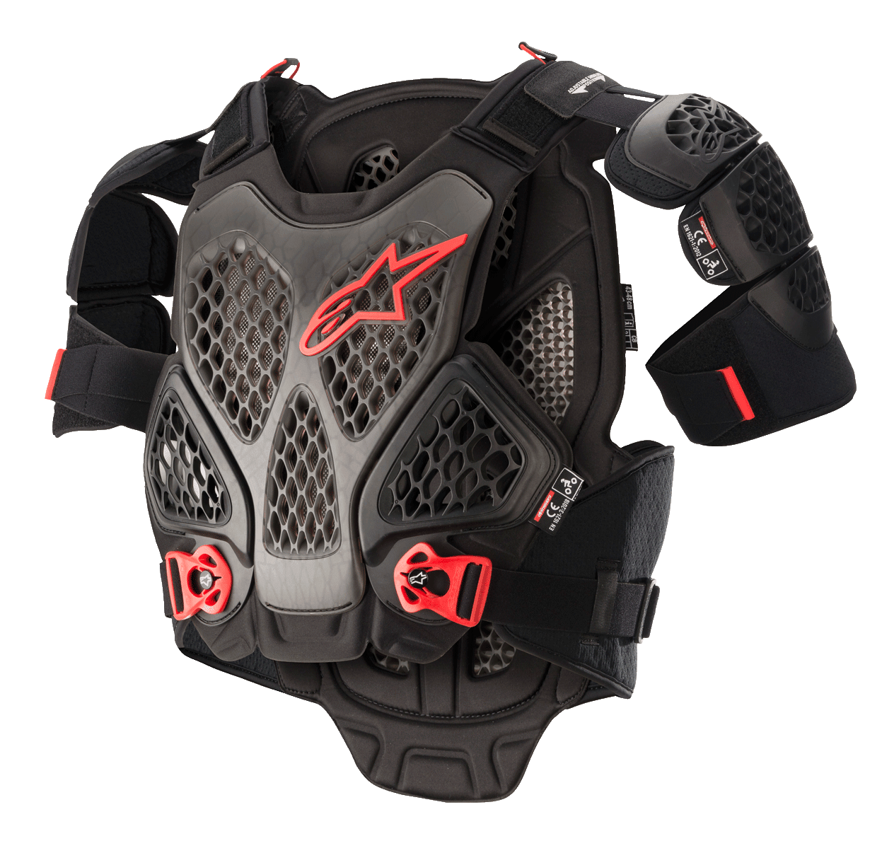 Alpinestars A-6 brystbeskytter, motocross kropsbeskyttelse, sort antracit og rød, honeycomb Cell-teknologiplader, rødt Alpinestars-logo, justerbare røde quick-release-spænder, aftagelige skulderbeskyttere