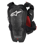Alpinestars A-1 Pro brystbeskytter, antracit, sort og rød, set bagfra viser rygbeskytterpanel, perforeret Polyhedron-teknologi til ventilation, hvidt Astars-logo, rød indvendig honeycomb-polstring, off-road motorcykelbeskyttelsesudstyr