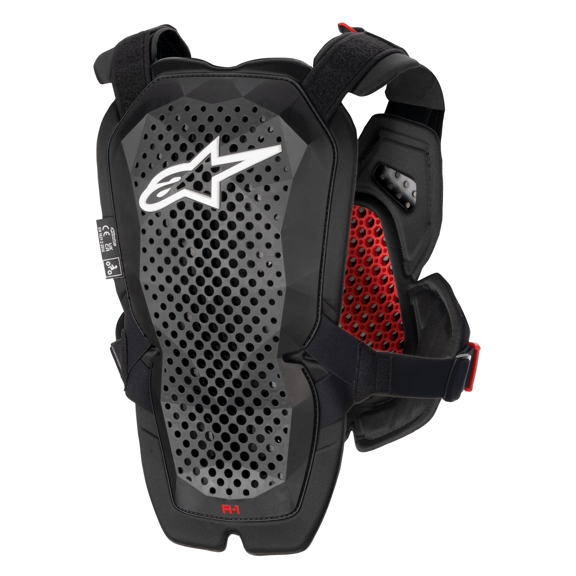 Alpinestars A-1 Pro brystbeskytter, antracit, sort og rød, set bagfra viser rygbeskytterpanel, perforeret Polyhedron-teknologi til ventilation, hvidt Astars-logo, rød indvendig honeycomb-polstring, off-road motorcykelbeskyttelsesudstyr