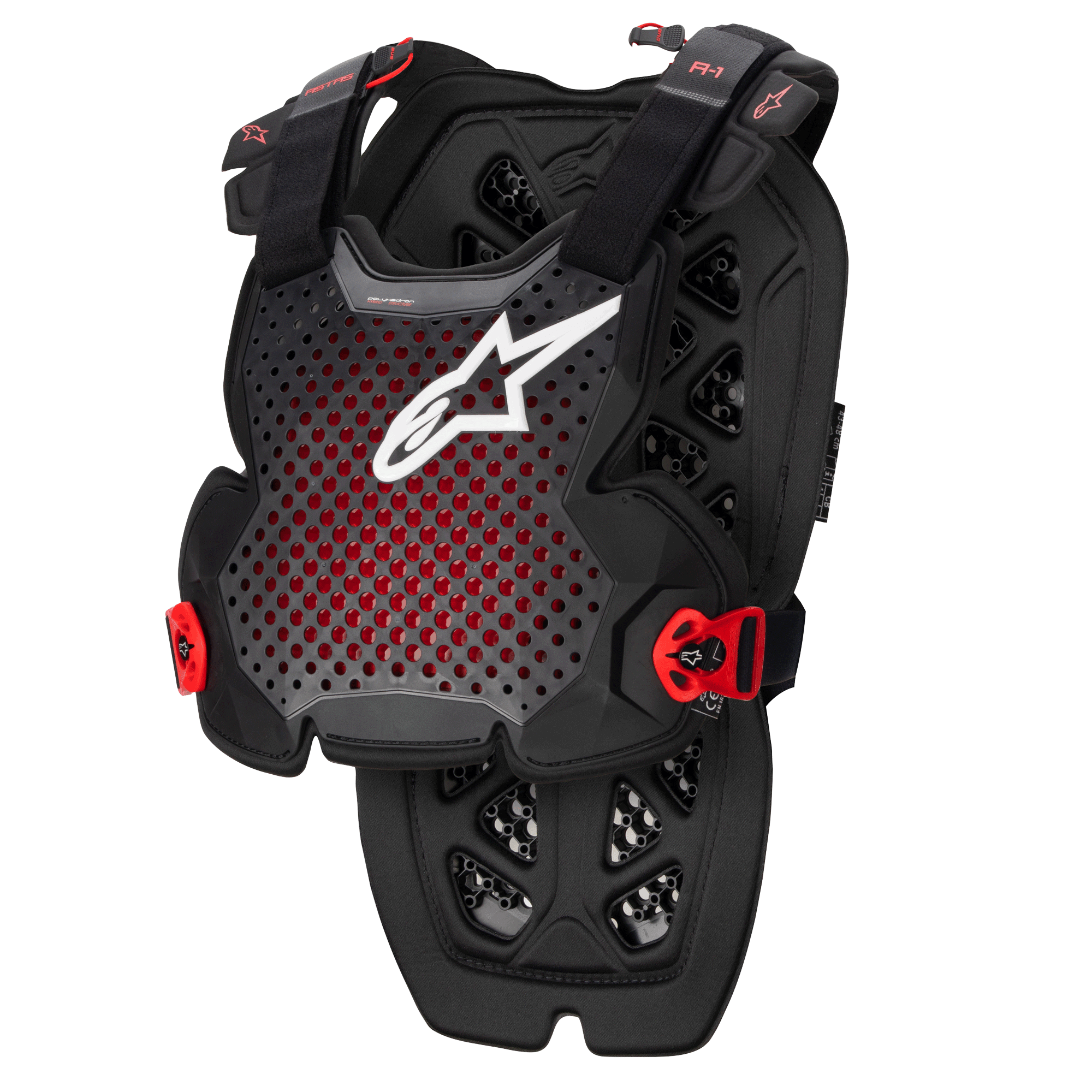Alpinestars A-1 Pro brystbeskytter, antracitsort og rød, perforeret åndbart design med hvidt logo, justerbare remme med røde spænder, sekskantet ventilationsmønster, letvægtsbeskyttelse til motocross og off-road kørsel