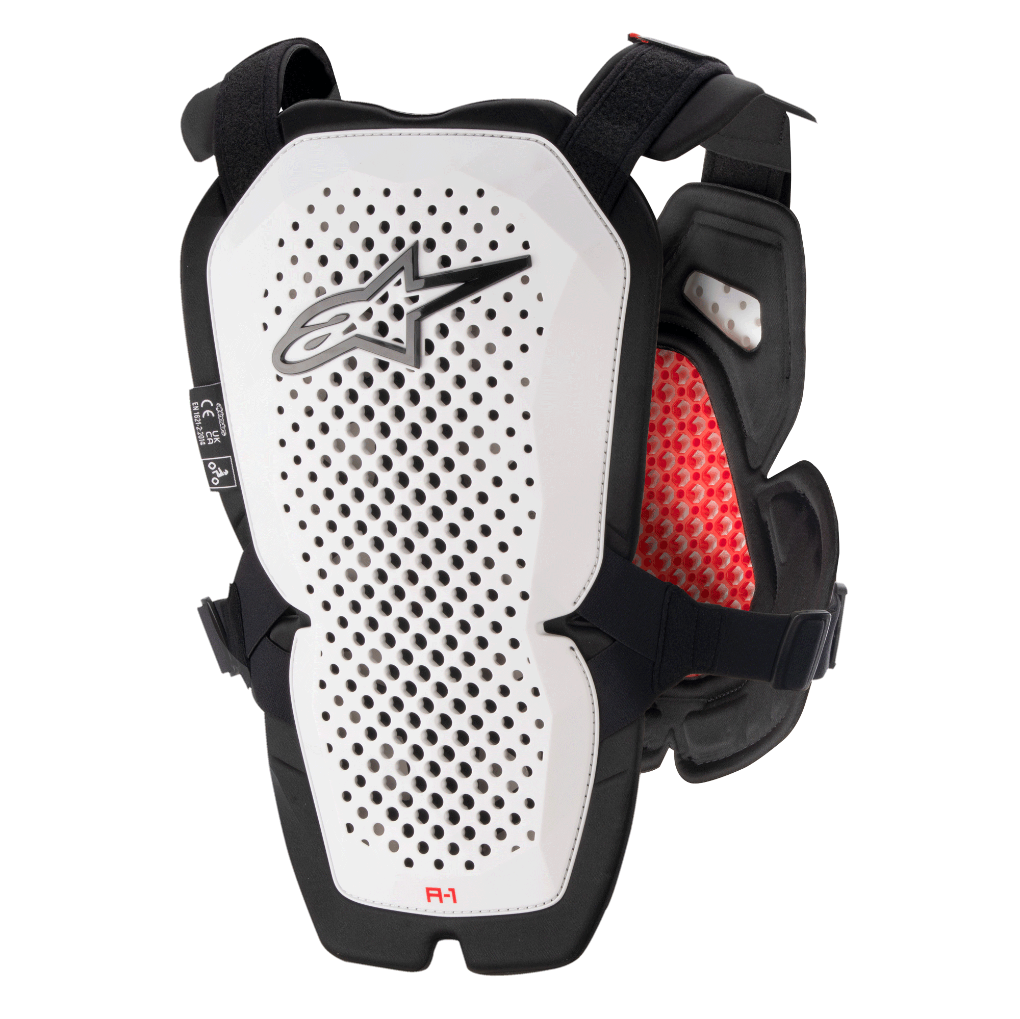 Alpinestars A-1 Pro brystbeskytter, hvid og sort med røde detaljer, perforeret rygpanel for ventilation, rød honeycomb-polstring indvendigt, letvægts motocross-beskyttelsesudstyr