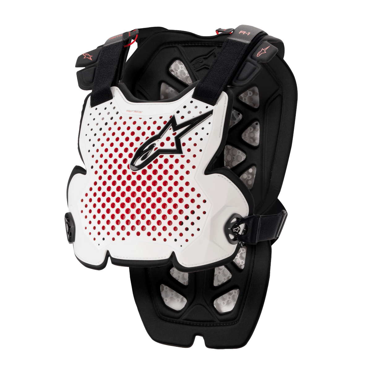 Alpinestars A-1 Pro brystbeskytter, motocross beskyttelsesudstyr, hvid, sort og rød, med perforeret ventilation og rød inderside, sort stjerne-logo, justerbare sorte stropper, letvægts beskyttelsespolstring til off-road racing