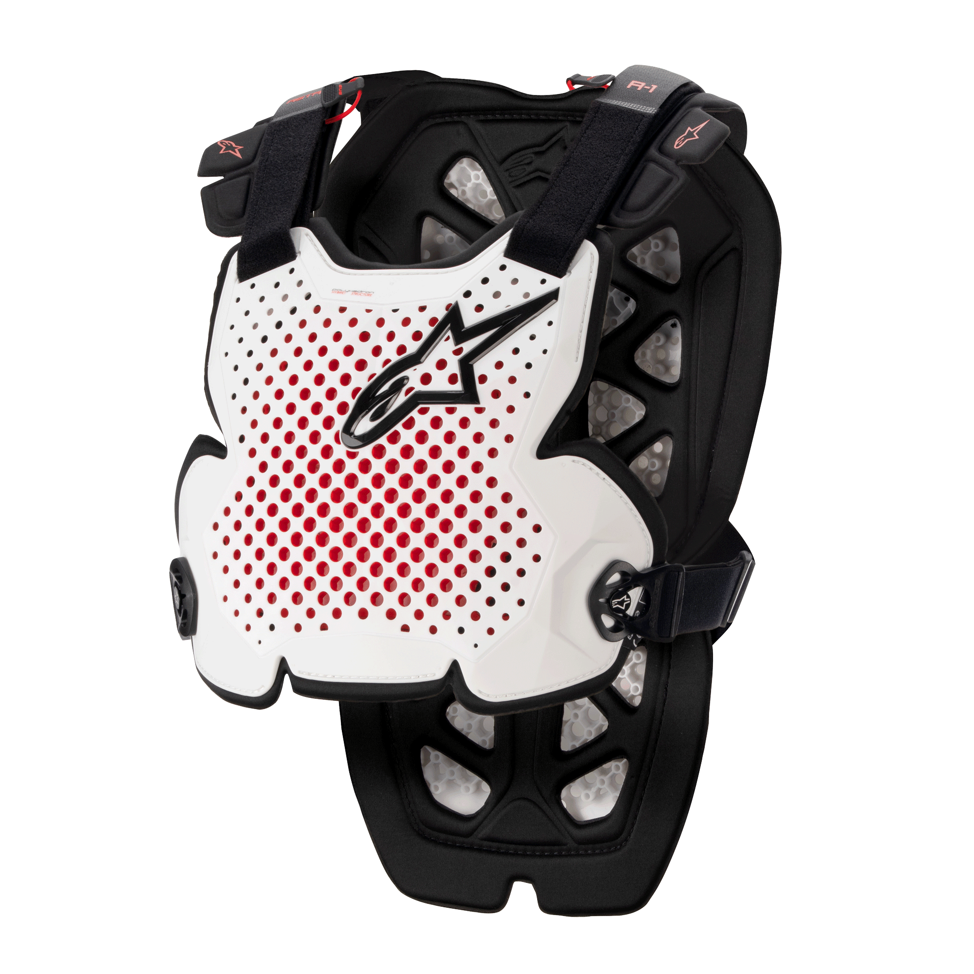 Alpinestars A-1 Pro brystbeskytter, motocross beskyttelsesudstyr, hvid, sort og rød, med perforeret ventilation og rød inderside, sort stjerne-logo, justerbare sorte stropper, letvægts beskyttelsespolstring til off-road racing