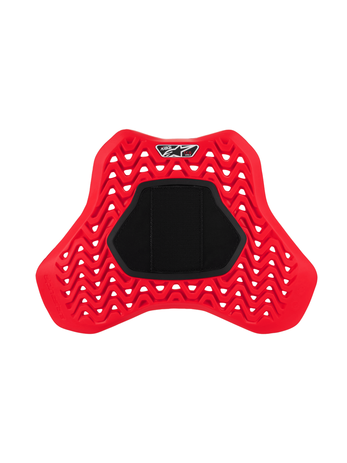 Alpinestars Nucleon Plasma Full Chest Protector Hook and Loop, rød og sort, med et perforeret zigzag-design for luftgennemstrømning, stort sort centralt krog- og løkkepanel, ergonomisk skjoldformet motorcykel-beskyttelsesindsats til slagbeskyttelse