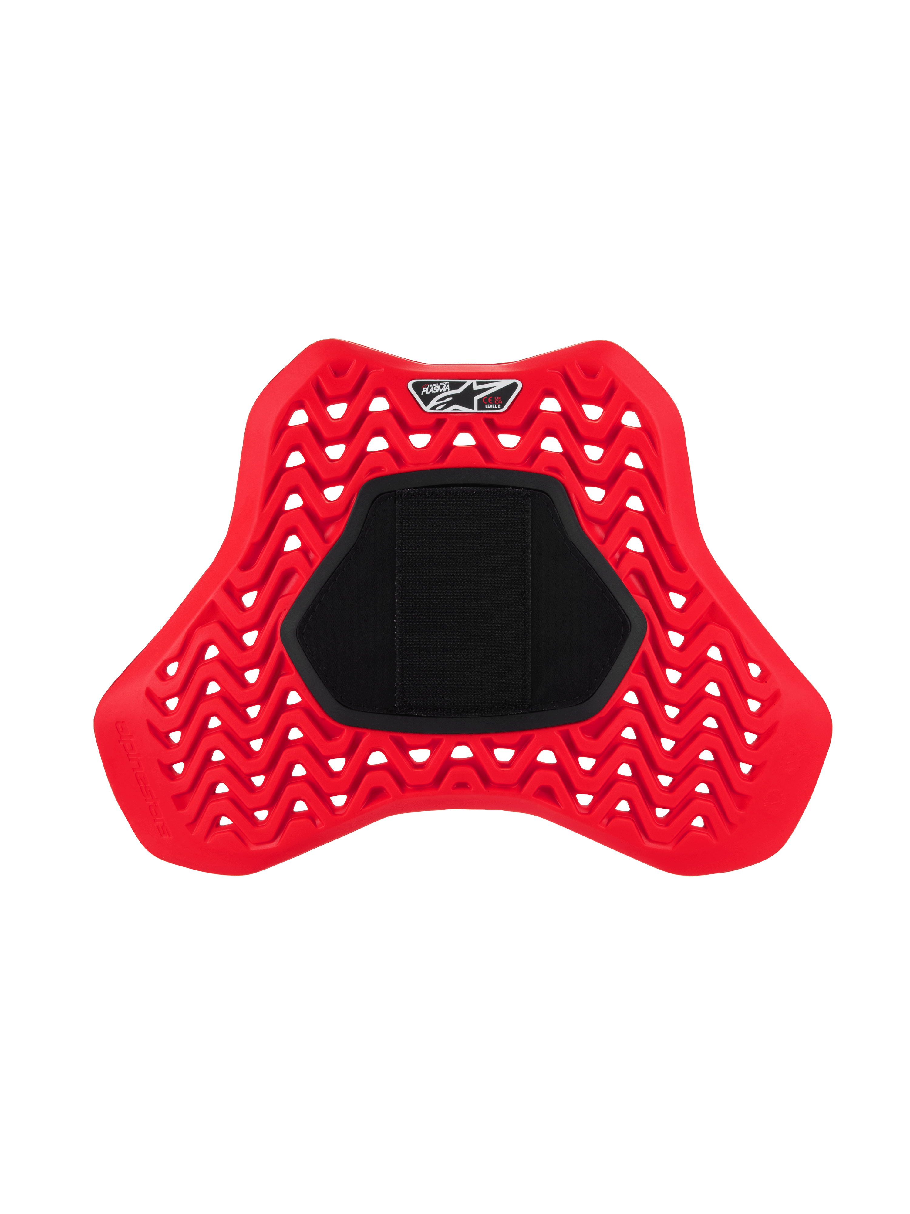 Alpinestars Nucleon Plasma Full Chest Protector Hook and Loop, rød og sort, med et perforeret zigzag-design for luftgennemstrømning, stort sort centralt krog- og løkkepanel, ergonomisk skjoldformet motorcykel-beskyttelsesindsats til slagbeskyttelse
