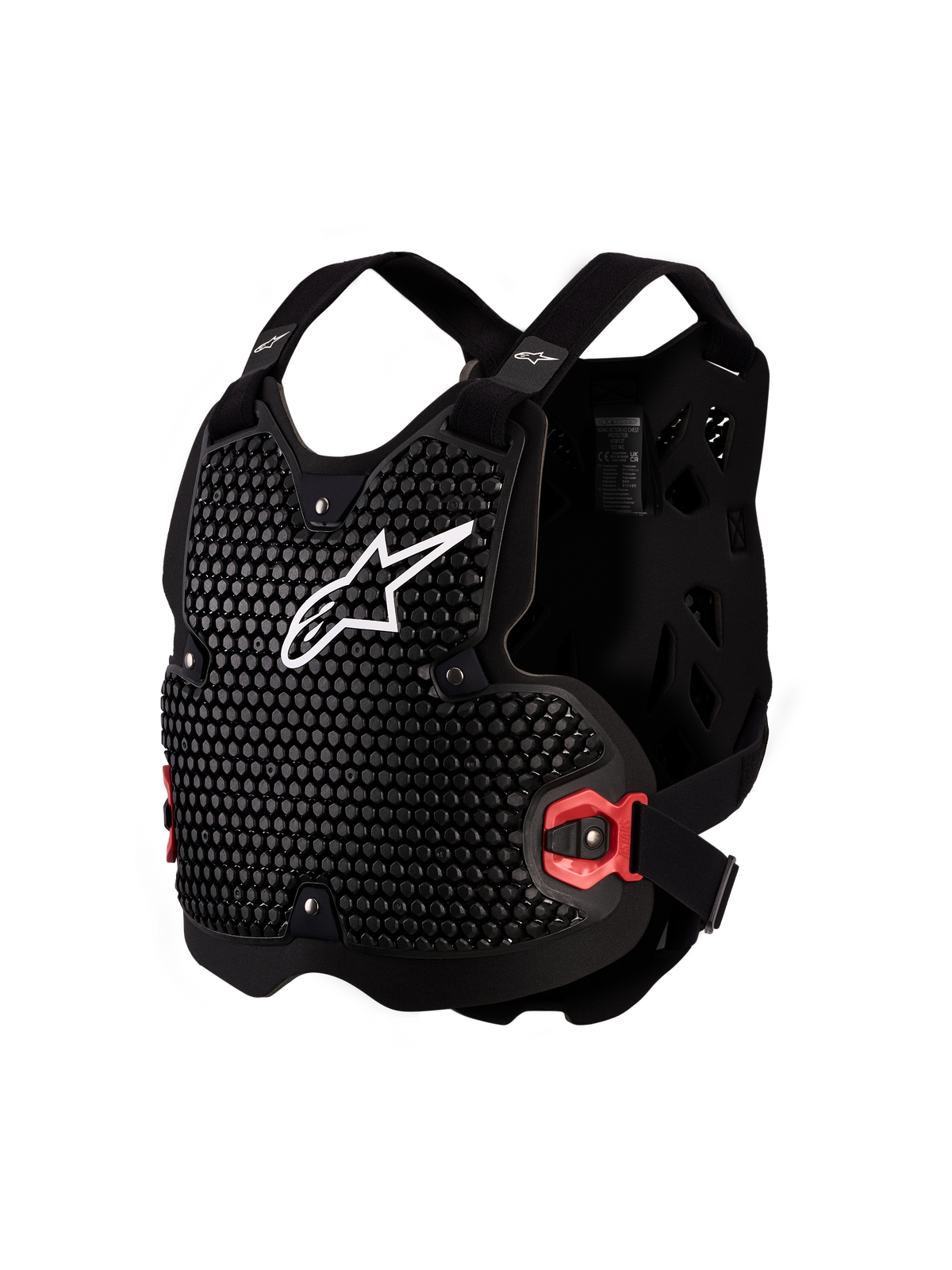 Alpinestars Bionic Action V2 brystbeskytter, sort og hvid brystbeskytter til motocross og off-road, CE-certificeret Level 1 med A-Morph teknologi, perforeret og ventileret kropsbeskyttelse.