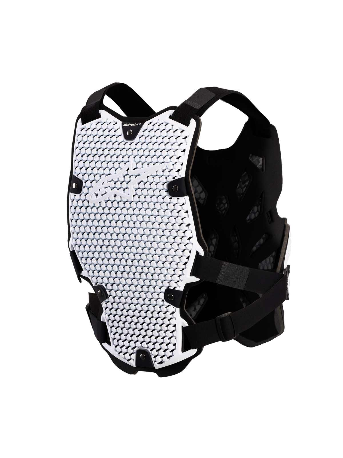 Alpinestars Bionic Action brystbeskytter til motocross, hvid og sort, CE Level 1-certificeret med A-Morph teknologi og ventileret chassis.
