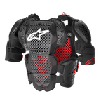 Alpinestars A-10 V2 Full Chest Protector, motocross kropsbeskyttelse, antracitsort og rød, med perforerede bryst- og skulderplader, rødt honeycomb-for, hvidt Alpinestars-logo midt på brystet, ultralet beskyttelsesudstyr