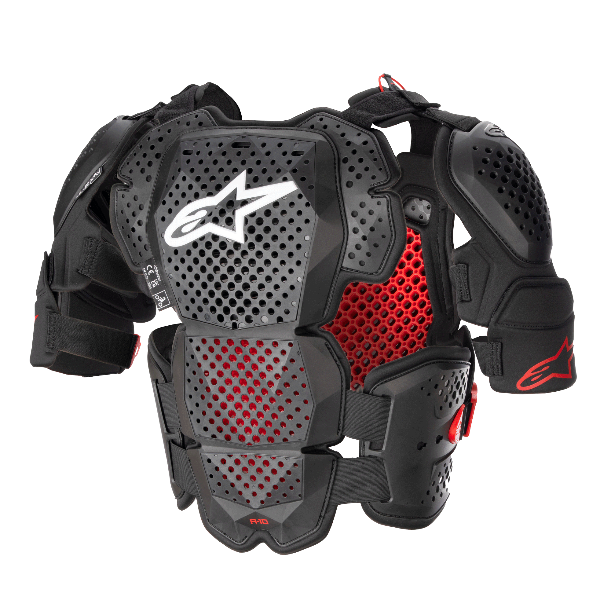 Alpinestars A-10 V2 Full Chest Protector, motocross kropsbeskyttelse, antracitsort og rød, med perforerede bryst- og skulderplader, rødt honeycomb-for, hvidt Alpinestars-logo midt på brystet, ultralet beskyttelsesudstyr