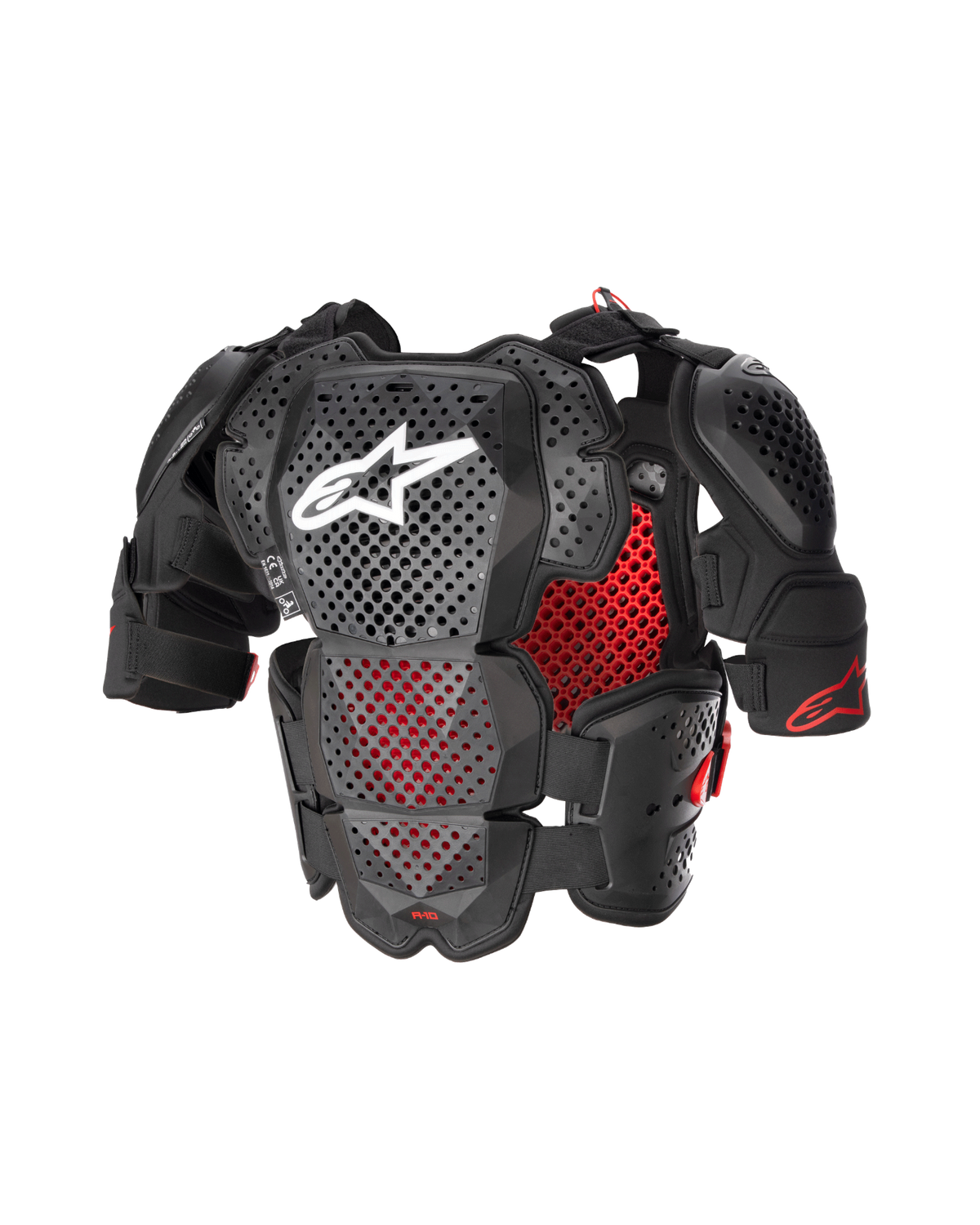 Alpinestars A-10 V2 fuldlængde brystbeskytter, motocross kropsbeskyttelse, antracit sort og rød, med perforerede bryst- og skulderplader samt rød bikubeforing