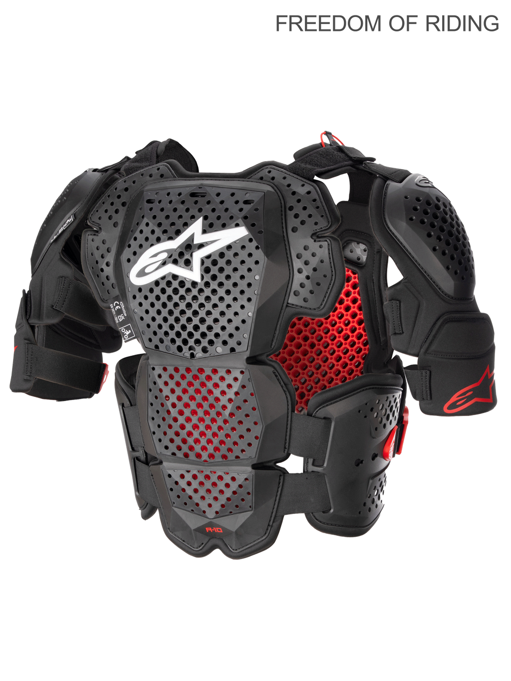 Alpinestars A-10 V2 fuldlængde brystbeskytter, kropsbeskyttelse til motocross og off-road til mænd, antracit sort og rød, CE-certificeret niveau 2, Polyhedron Hybrid Technology for høj ventilation, letvægts plastikskal med skulderbeskyttere og ram air-kølekanaler.
