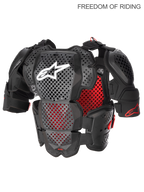 Alpinestars A-10 V2 fuldlængde brystbeskytter, kropsbeskyttelse til motocross og off-road til mænd, antracit sort og rød, CE-certificeret niveau 2, Polyhedron Hybrid Technology for høj ventilation, letvægts plastikskal med skulderbeskyttere og ram air-kølekanaler.
