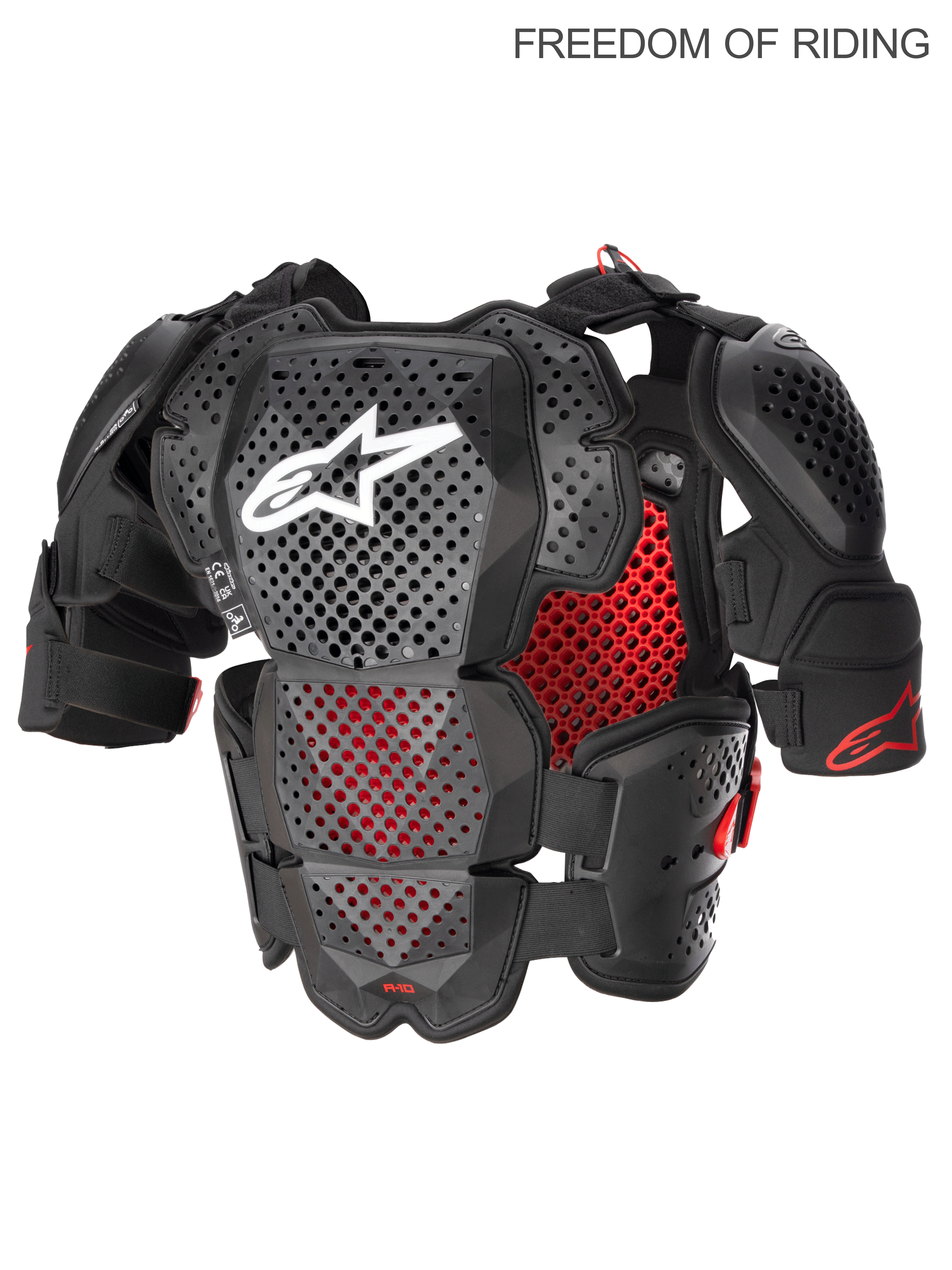Alpinestars A-10 V2 fuldlængde brystbeskytter, kropsbeskyttelse til motocross og off-road til mænd, antracit sort og rød, CE-certificeret niveau 2, Polyhedron Hybrid Technology for høj ventilation, letvægts plastikskal med skulderbeskyttere og ram air-kølekanaler.