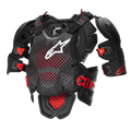 Alpinestars A-10 V2 fuld brystbeskytter, motocross kropsbeskyttelse, antracitsort og rød, med en perforeret brystplade med hvidt Alpinestars-logo, justerbare skulderpuder og røde slagfaste spænder, beskyttelsesudstyr til off-road racing