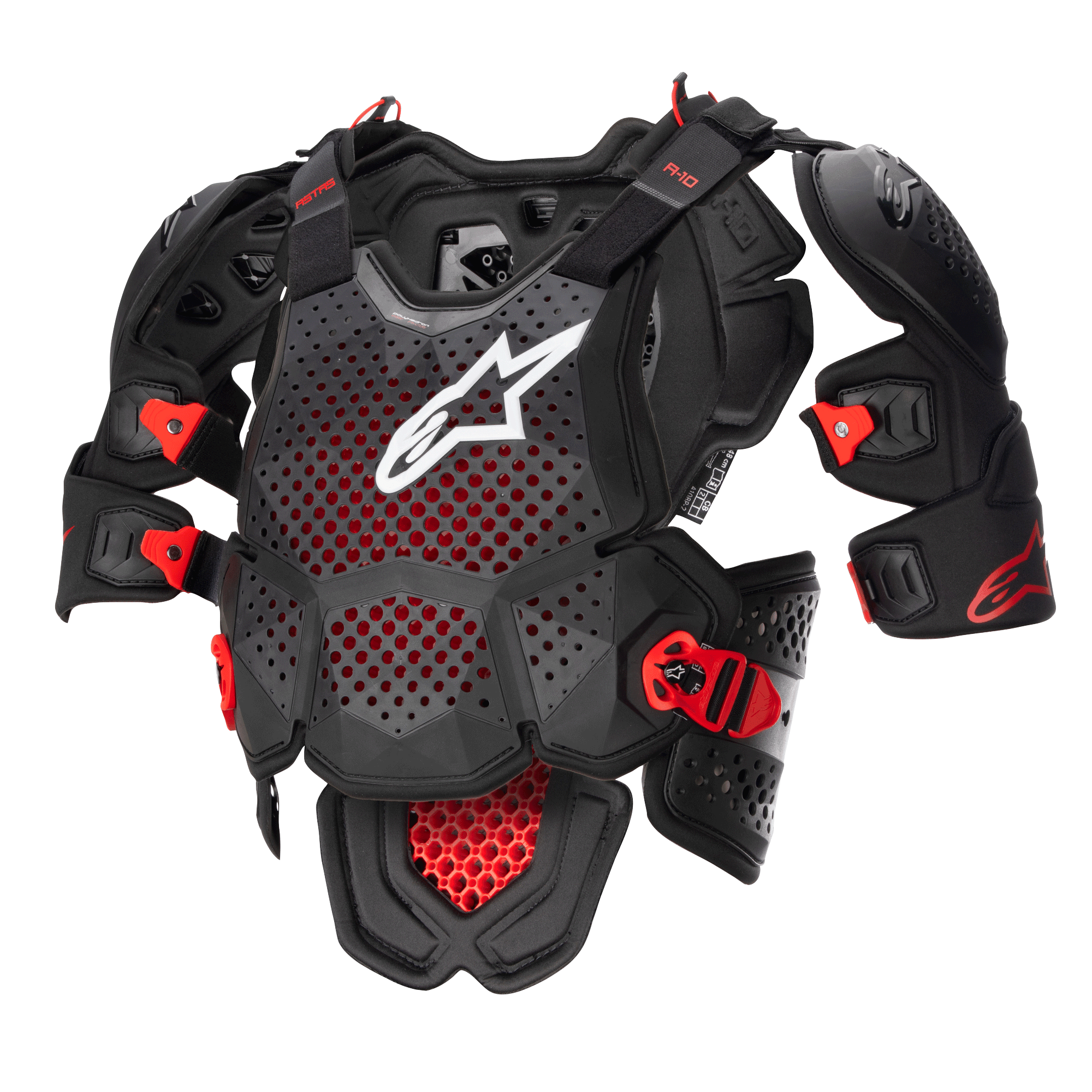 Alpinestars A-10 V2 fuld brystbeskytter, motocross kropsbeskyttelse, antracitsort og rød, med en perforeret brystplade med hvidt Alpinestars-logo, justerbare skulderpuder og røde slagfaste spænder, beskyttelsesudstyr til off-road racing