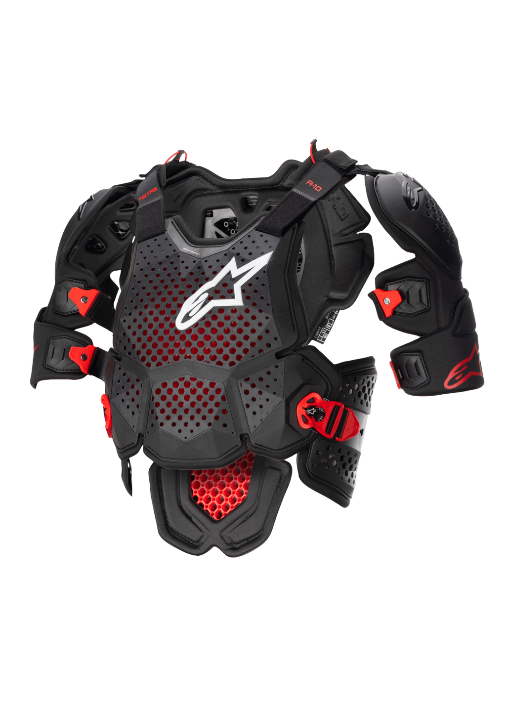 Alpinestars A-10 V2 fuldlængde brystbeskytter, motocross kropsbeskyttelse i antracit sort og rød med perforeret brystplade, hvidt logo, justerbar skulderbeskyttelse og CE-certificeret racerbrug