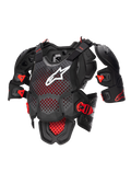 Alpinestars A-10 V2 fuldlængde brystbeskytter, motocross kropsbeskyttelse i antracit sort og rød med perforeret brystplade, hvidt logo, justerbar skulderbeskyttelse og CE-certificeret racerbrug