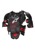 Alpinestars A-10 V2 fuldlængde brystbeskytter, motocross kropsbeskyttelse i antracit sort og rød med perforeret brystplade, hvidt logo, justerbar skulderbeskyttelse og CE-certificeret racerbrug
