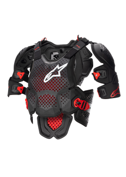 Alpinestars A-10 V2 fuldlængde brystbeskytter, motocross kropsbeskyttelse i antracit sort og rød med perforeret brystplade, hvidt logo, justerbar skulderbeskyttelse og CE-certificeret racerbrug