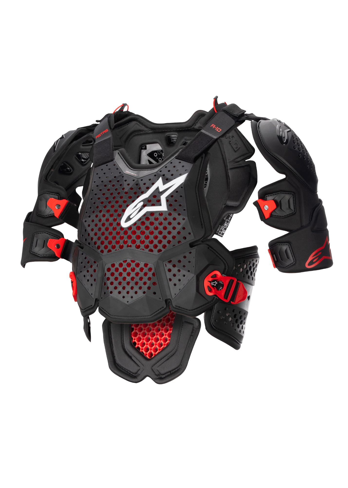 Alpinestars A-10 V2 fuldlængde brystbeskytter, motocross kropsbeskyttelse i antracit sort og rød med perforeret brystplade, hvidt logo, justerbar skulderbeskyttelse og CE-certificeret racerbrug