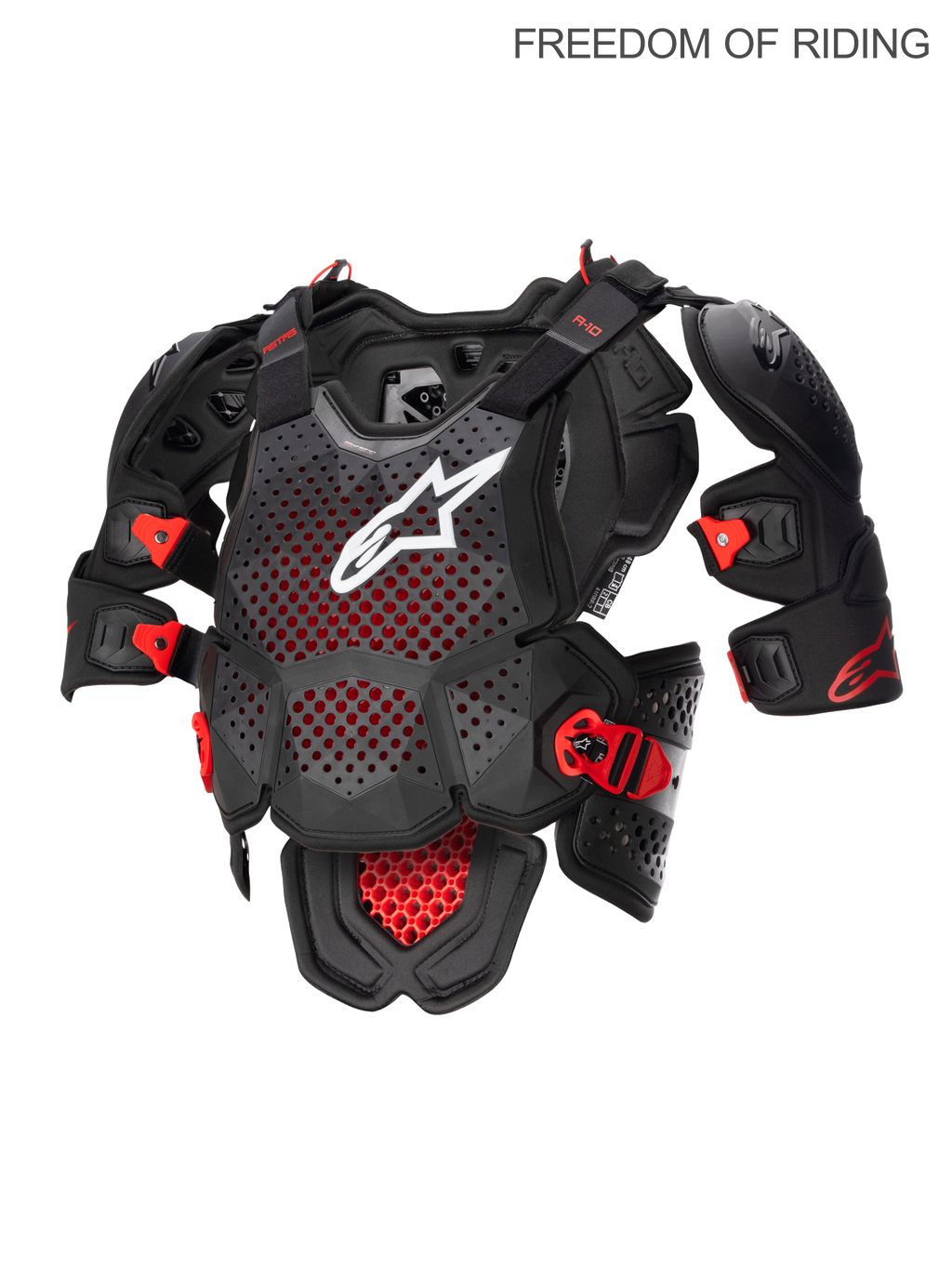Alpinestars A-10 V2 fuldlængde brystbeskytter, motocross og off-road kropsbeskyttelse til mænd, antracit sort og rød med hvidt logo, CE-certificeret Polyhedron Hybrid-teknologi med højventileret struktur og integrerede skulderbeskyttere.