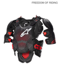 Alpinestars A-10 V2 fuldlængde brystbeskytter, motocross og off-road kropsbeskyttelse til mænd, antracit sort og rød med hvidt logo, CE-certificeret Polyhedron Hybrid-teknologi med højventileret struktur og integrerede skulderbeskyttere.