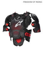 Alpinestars A-10 V2 fuldlængde brystbeskytter, motocross og off-road kropsbeskyttelse til mænd, antracit sort og rød med hvidt logo, CE-certificeret Polyhedron Hybrid-teknologi med højventileret struktur og integrerede skulderbeskyttere.
