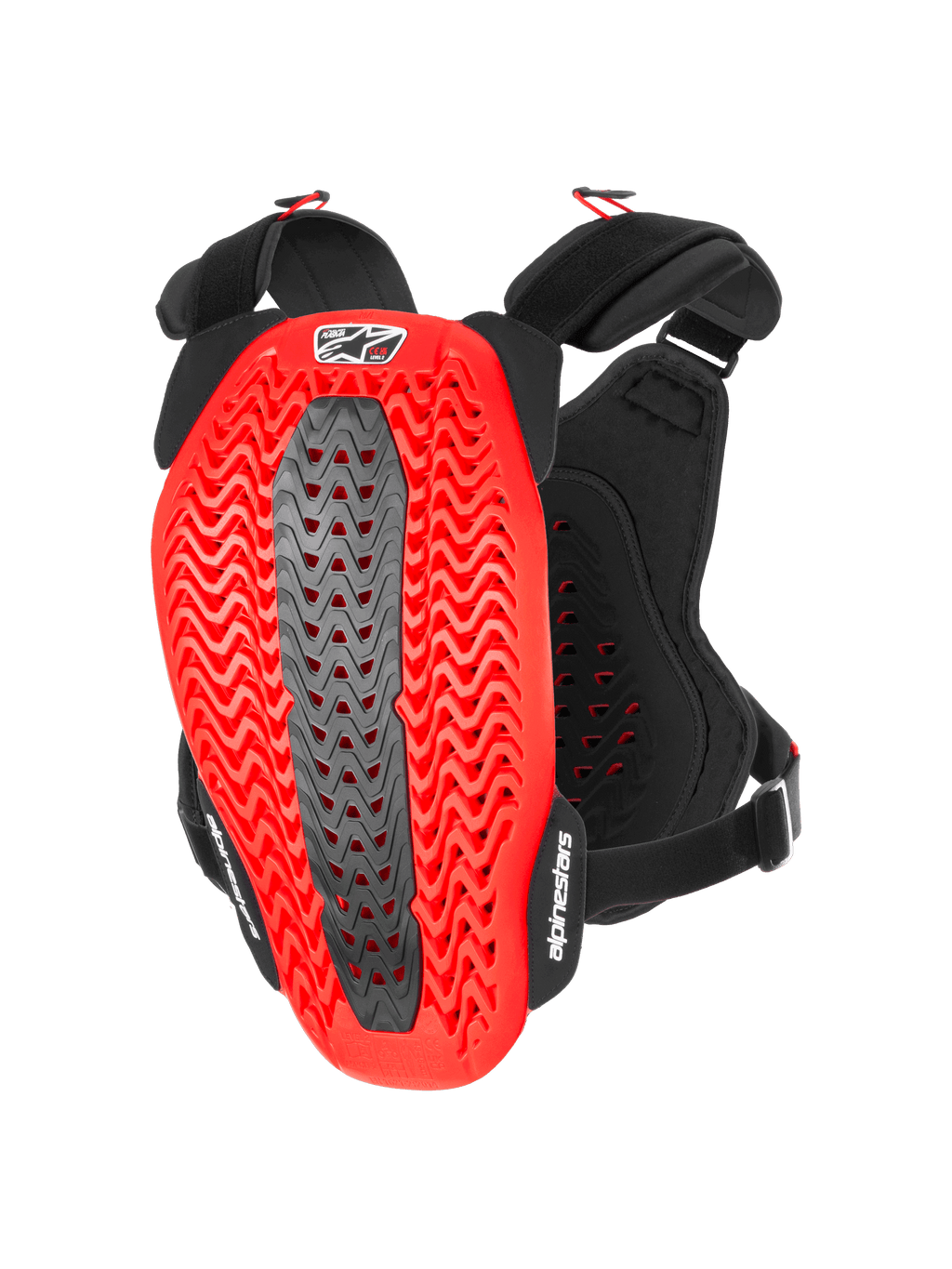 Alpinestars A-5 Plasma brystbeskytter, bryst- og rygbeskytter til motorcykel, sort og rød, set bagfra, viser rød bølget perforeret Nucleon PLASMA-skal med en grå central zone, sorte justerbare stropper med hvide logoer, beskyttelsesudstyr til motocross og off-road kørsel