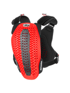 Alpinestars A-5 Plasma brystbeskytter, bryst- og rygbeskytter til motorcykel, sort og rød, set bagfra, viser rød bølget perforeret Nucleon PLASMA-skal med en grå central zone, sorte justerbare stropper med hvide logoer, beskyttelsesudstyr til motocross og off-road kørsel