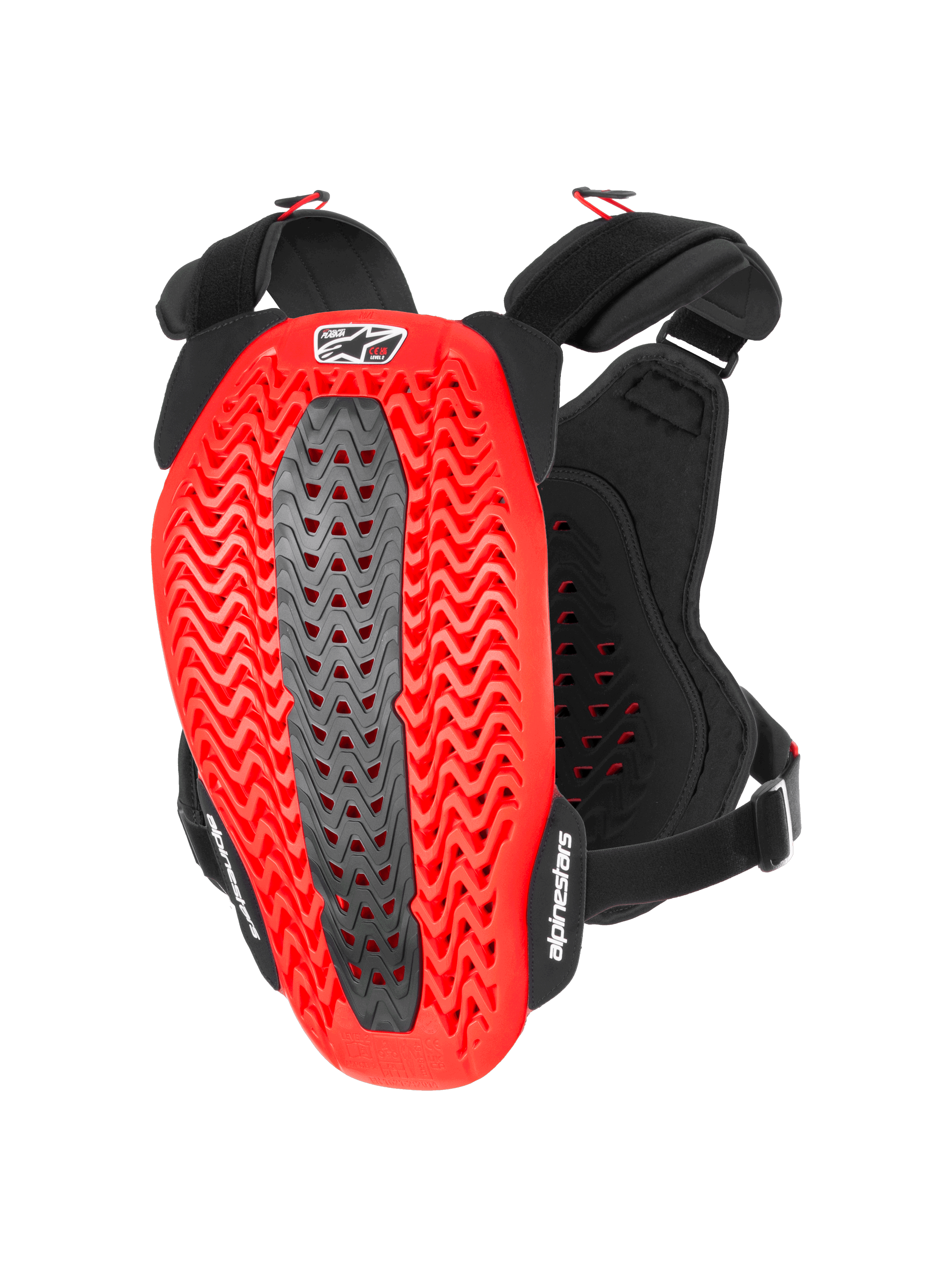 Alpinestars A-5 Plasma brystbeskytter, bryst- og rygbeskytter til motorcykel, sort og rød, set bagfra, viser rød bølget perforeret Nucleon PLASMA-skal med en grå central zone, sorte justerbare stropper med hvide logoer, beskyttelsesudstyr til motocross og off-road kørsel