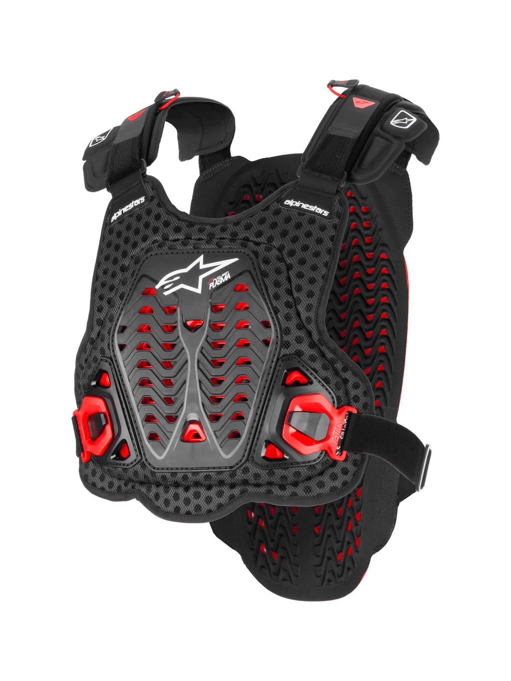Alpinestars A-5 Plasma brystbeskytter, motocross kropsbeskyttelse, sort og rød, perforeret 3D-mesh med Nucleon Plasma-materiale, vinklede beskyttelsespaneler, justerbare stropper, hvidt logo, CE-certificeret sikkerhedsudstyr