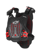 Alpinestars A-5 Plasma brystbeskytter, motocross kropsbeskyttelse, sort og rød, perforeret 3D-mesh med Nucleon Plasma-materiale, vinklede beskyttelsespaneler, justerbare stropper, hvidt logo, CE-certificeret sikkerhedsudstyr
