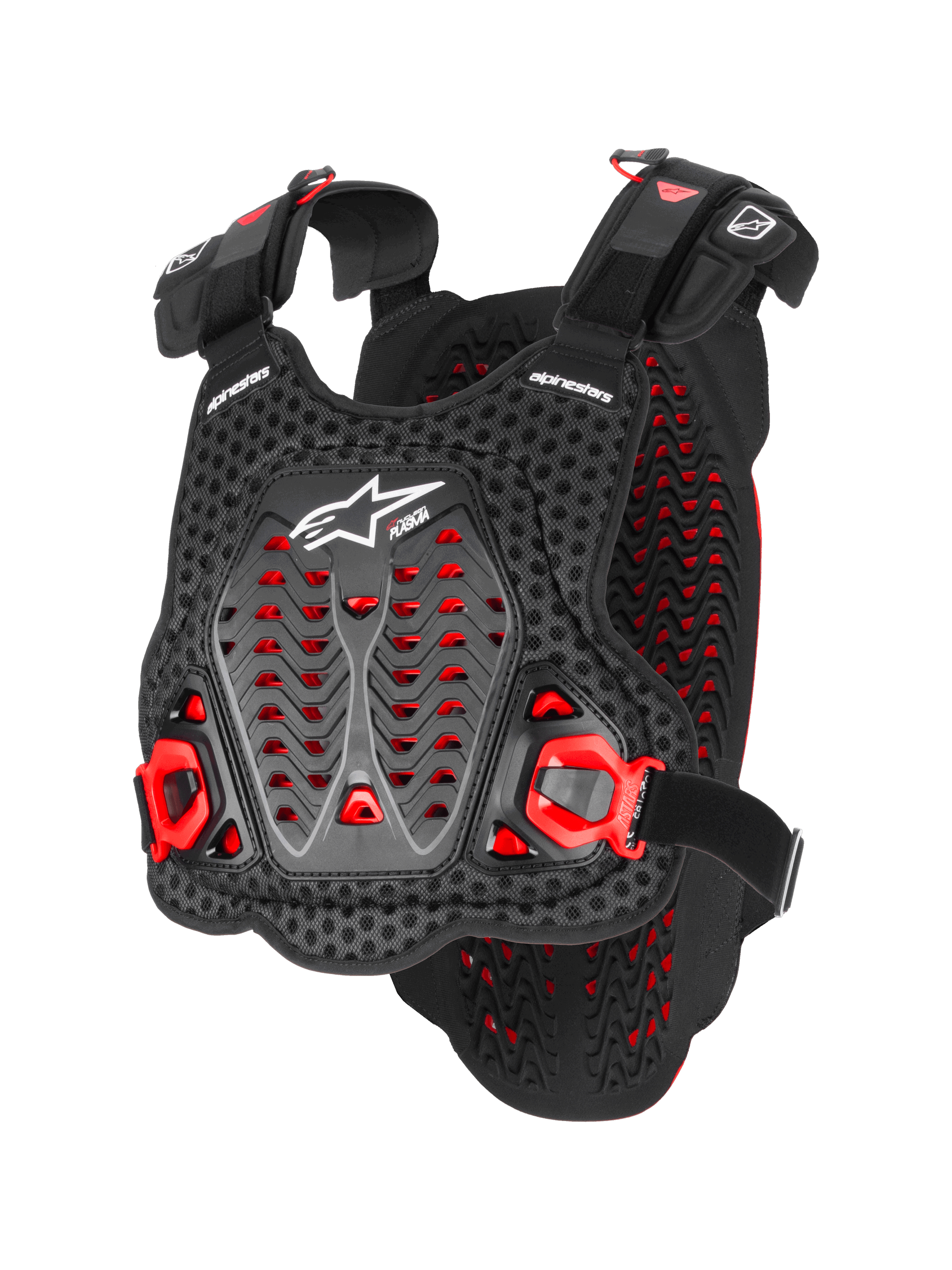 Alpinestars A-5 Plasma brystbeskytter, motocross kropsbeskyttelse, sort og rød, perforeret 3D-mesh med Nucleon Plasma-materiale, vinklede beskyttelsespaneler, justerbare stropper, hvidt logo, CE-certificeret sikkerhedsudstyr