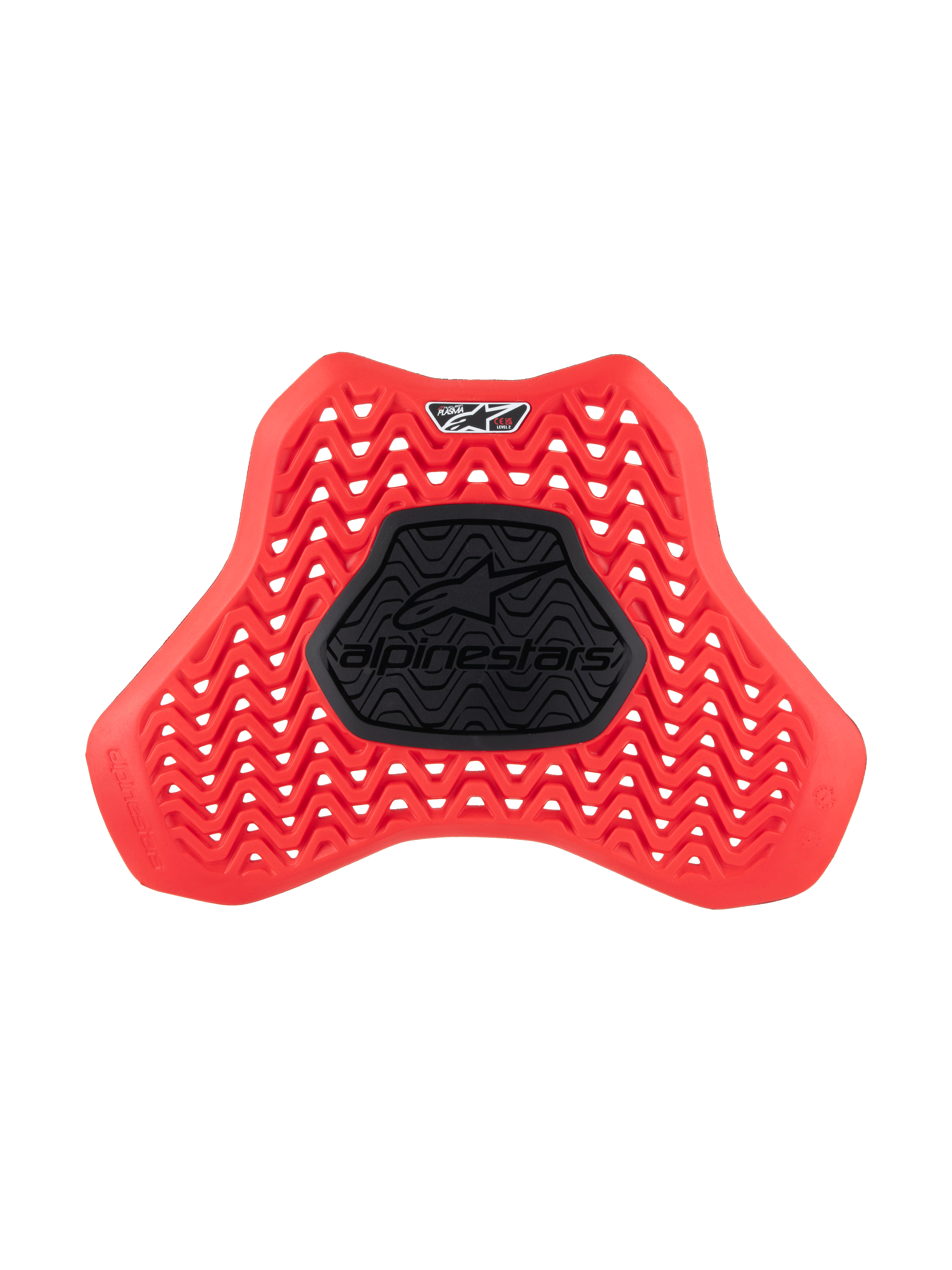 Alpinestars Nucleon Plasma Full Chest Protector-indsats, brystbeskytter til motorcykel, rød og sort, bølget ventileret mønster for luftgennemstrømning, central sort semi-rigid zone med Alpinestars-logo, ergonomisk skjolddesign for stødbeskyttelse
