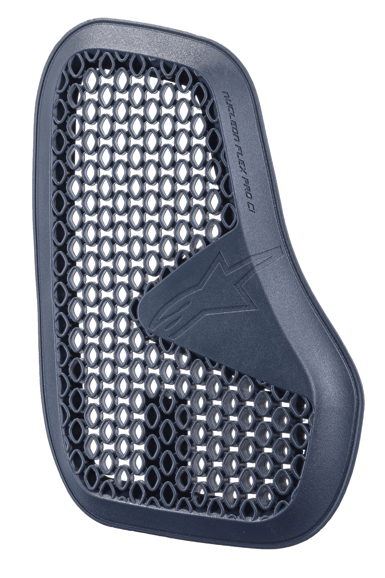 Alpinestars Nucleon Flex Pro Ci beskytter, antracitgrå brystbeskytter til motorcykel, venstre del af et todelt sæt, bikagestruktur til ventilation og energiabsorption, præget Alpinestars-logo og tekst, letvægts ergonomisk design