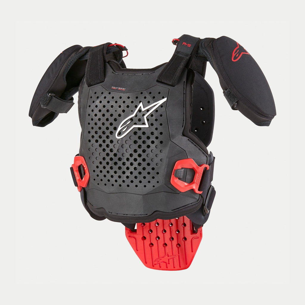 Alpinestars Youth A-5 S brystbeskytter, motocross sikkerhedsudstyr, sort hvid og rød, med en perforeret hybrid-frontplade med hvidt stjernelogo, røde klikspænder og polstrede skulderbeskyttere til off-road racing til unge.